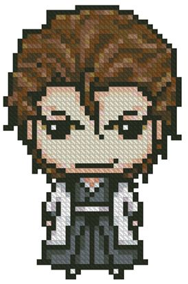 an image of a pixel art character with brown hair and black eyes, wearing a white shirt