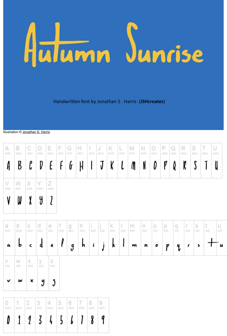 the autumn sunrise font and lowercases are shown in yellow, blue, and black