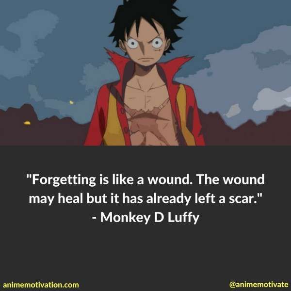 an anime quote that reads forgeting is like a wound the wound may heal it has already left a scar - monkey d luffy