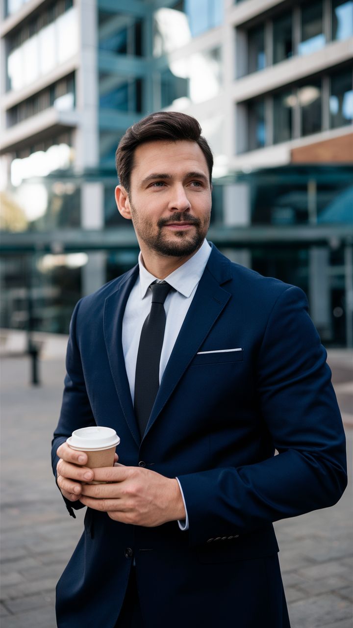 Man in formal wear standing outside a glass-fronted office building with a coffee. Man In Formal, Business Man Photography, Executive Presence, Smart Casual Office, Essential Wardrobe Pieces, Tan Suit, Lawyer Outfit, Business Photoshoot, Corporate Style