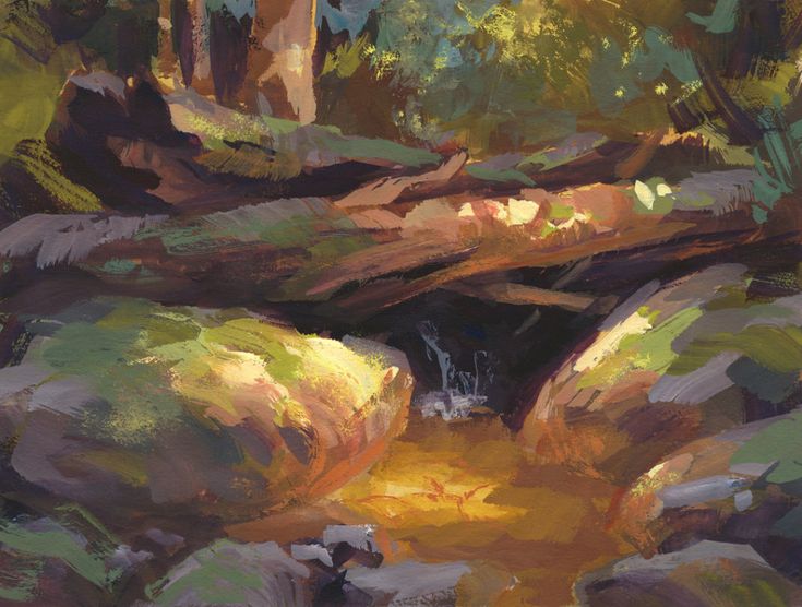 an oil painting of a stream in the woods