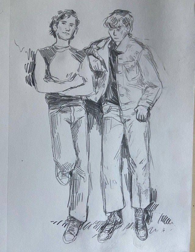 a drawing of two men standing next to each other