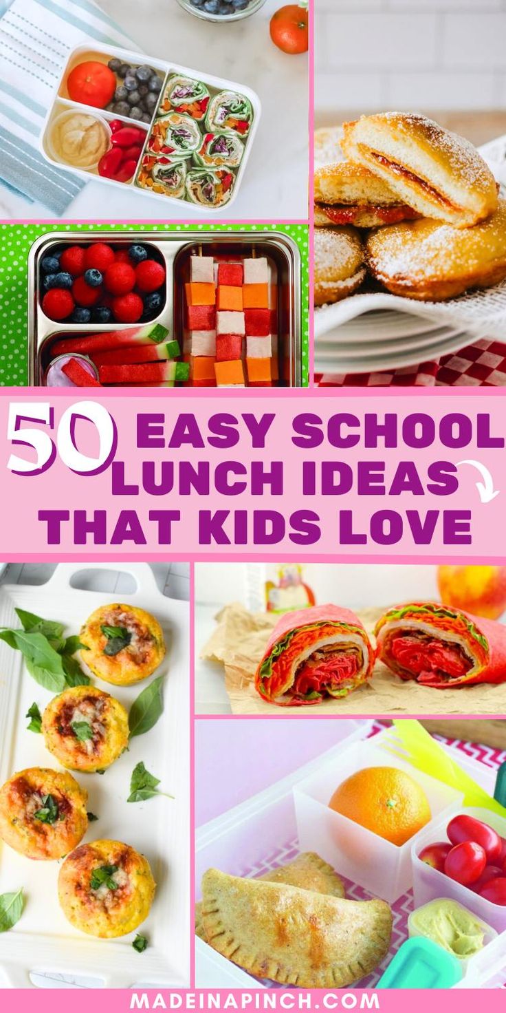 collage image of school lunch ideas for kids with text overlay Kids Pack Lunch Ideas, Vegan School Lunch For Kids, Ideas For Kids Lunches Schools, Easy Packed Lunches For Kids, 5 Min Lunch Ideas, Kids Lunch Ideas Healthy, Meal Prep For Kids Lunches, Packing Kids Lunch, Easy Kid Lunches For School