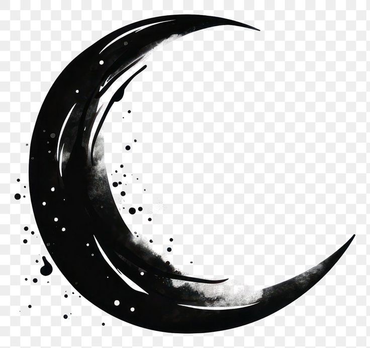 a black and white drawing of a crescent moon with stars on it, transparent background