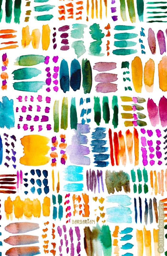 watercolor brushes and strokes are arranged on a white paper with blue, green, orange, and red colors