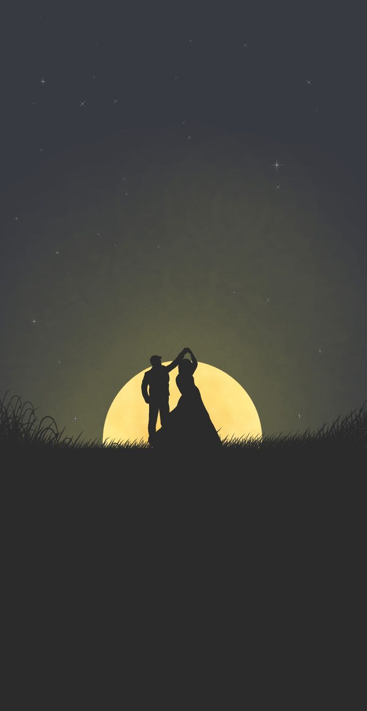 the silhouette of two people standing in front of a full moon