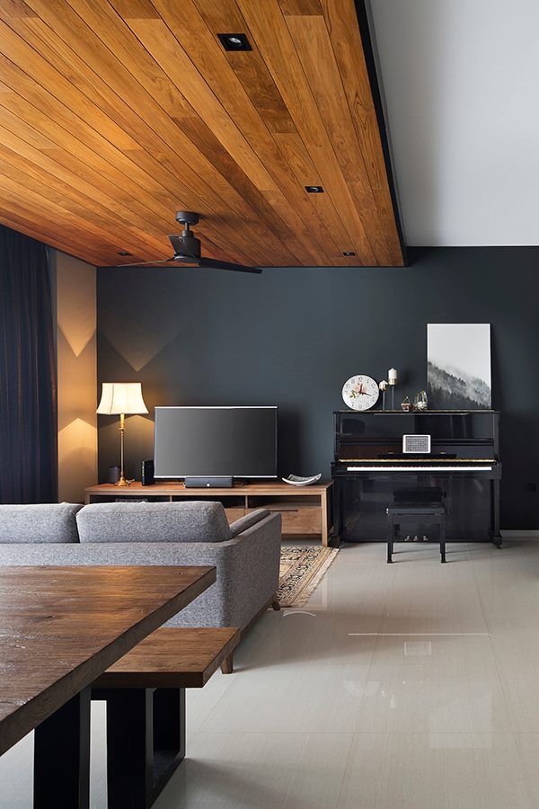 a living room filled with furniture and a piano in the middle of it's walls