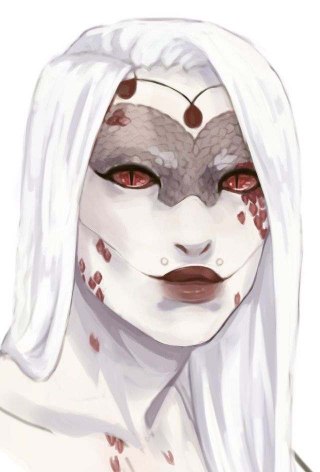 a woman with white hair and blood on her face is staring at the camera while she has red eyes