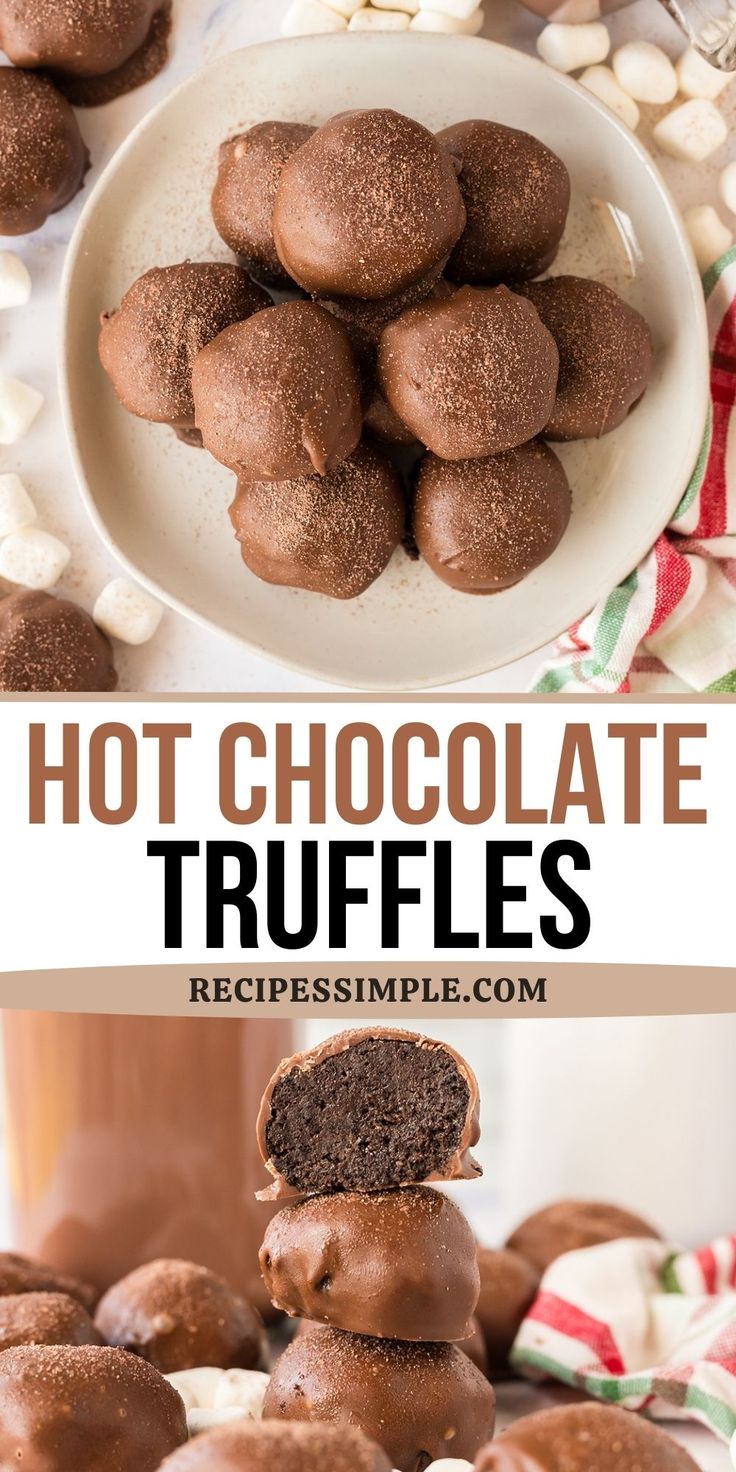 chocolate truffles stacked on top of each other with the words hot chocolate truffles above them