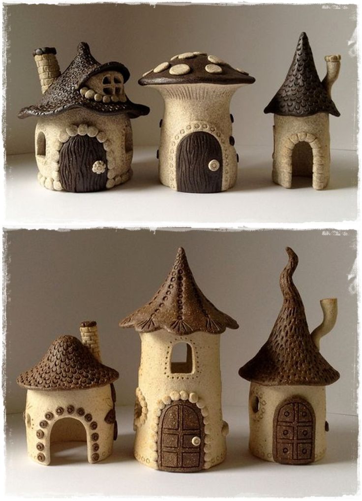 three pictures of small houses made out of clay