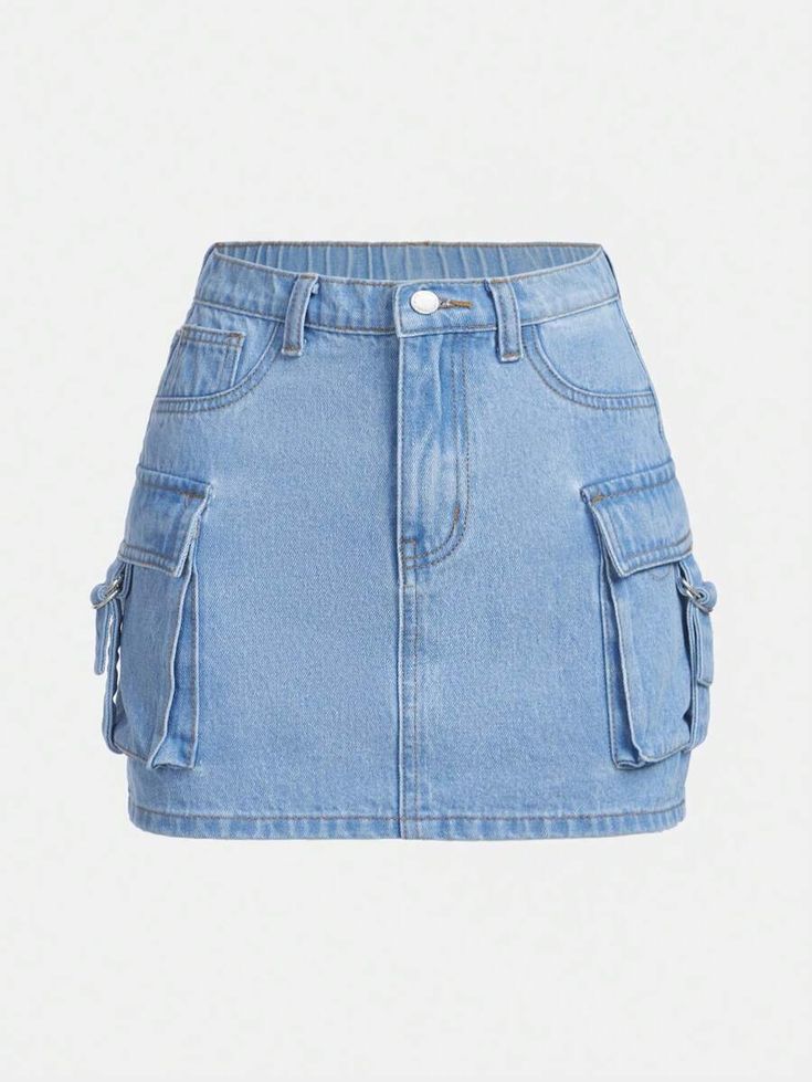 SHEIN Teen Girl Flap Pocket Denim Skirt | SHEIN USA Light Wash Denim Skirt, School Denim Bottoms With Pockets, Medium Wash School Bottoms With Pockets, Denim Bottoms With Pockets For School, Casual Denim Skort With Pockets, Casual Denim Cargo Skirt In Blue, Mini Denim Skirt With Side Pockets, Summer School Denim Skirt With Pockets, Casual Denim Blue Skort With Pockets