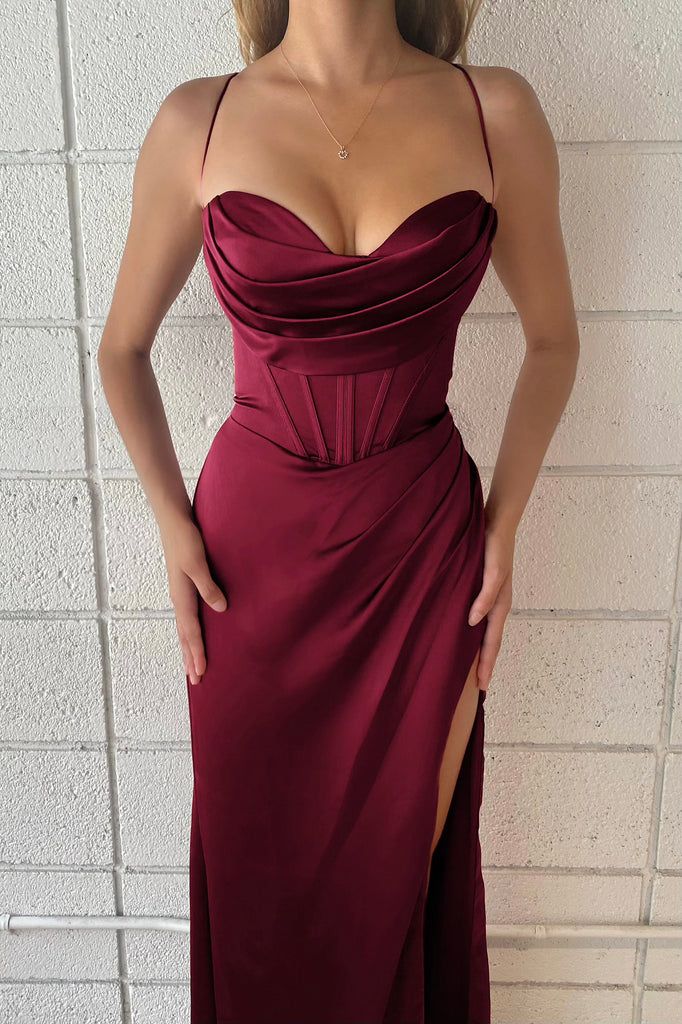 Esther Gown - Burgundy Unique Dresses Burgundy, Burgundy Formal Dress Bodycon, Marron Dress Wedding Guest, Luxury Burgundy Dress For Night Out, Luxury Satin Corset Dress For Prom Season, Burgundy Wedding Guest Dress Sposabridal, Luxury Satin Corset Dress With Satin Finish, Luxury Burgundy Evening Gown, Luxury Burgundy Formal Dresses