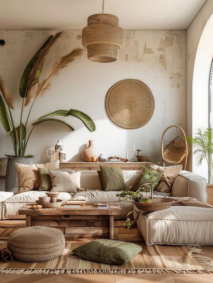 a living room filled with lots of furniture and plants in baskets on the wall above