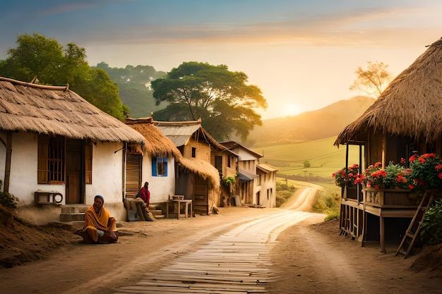 a person sitting on the side of a dirt road in front of thatched houses