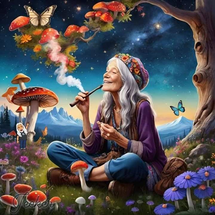 a painting of a woman sitting on the ground with a pipe in her hand and mushrooms flying around