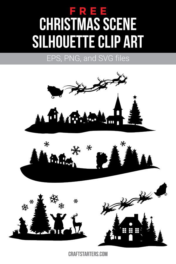 christmas scene silhouette clip art with santa's sleigh, reindeers and trees