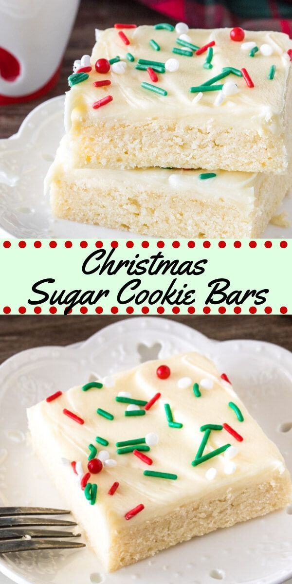 christmas sugar cookie bars with white frosting and sprinkles