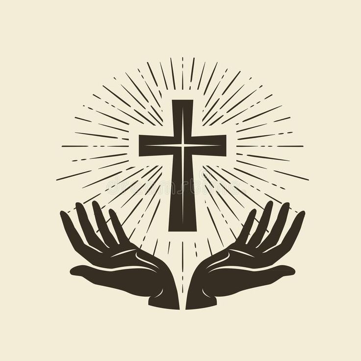 two hands holding a cross with rays coming out from behind it, on a white background