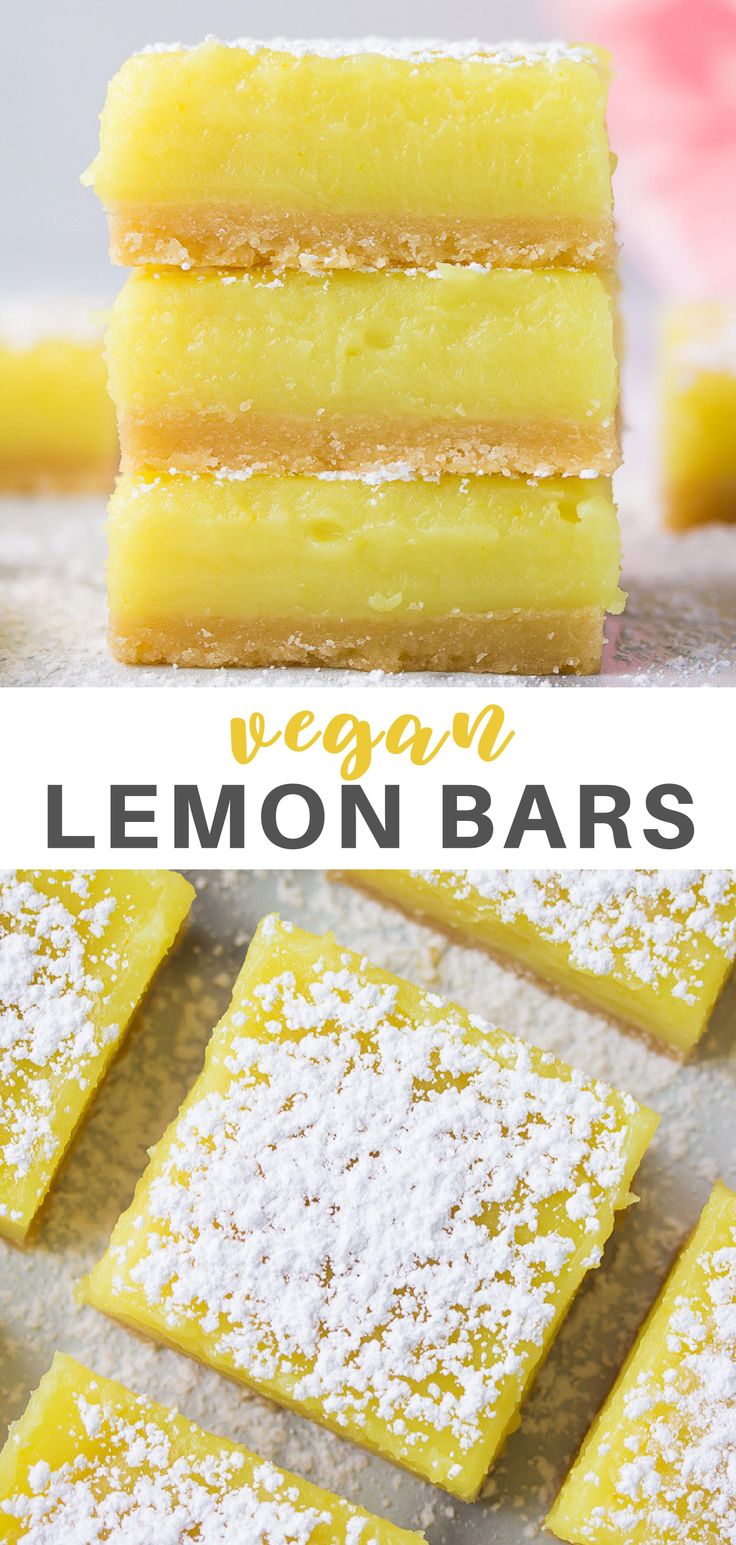 vegan lemon bars with powdered sugar on top and the words vegan written in white