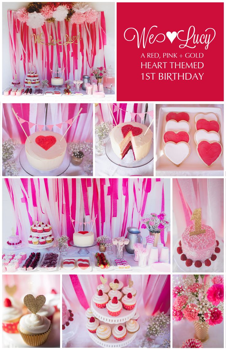 pink and gold 1st birthday party with heart shaped cupcakes, cake, candy