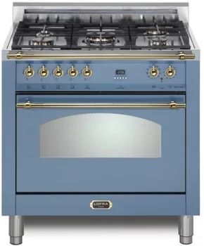 a blue stove top oven with two burners and one door on the right side