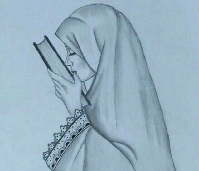 a drawing of a woman reading a book with her head covered by a shawl