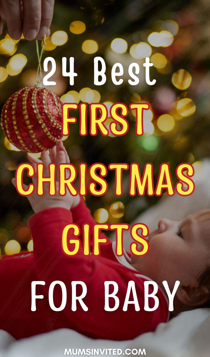 a baby laying in bed with the words, 24 best first christmas gifts for baby