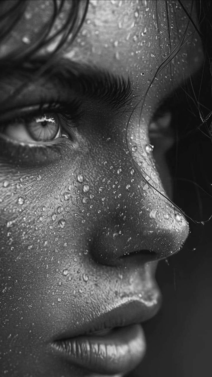 a black and white photo of a woman's face covered in water droplets