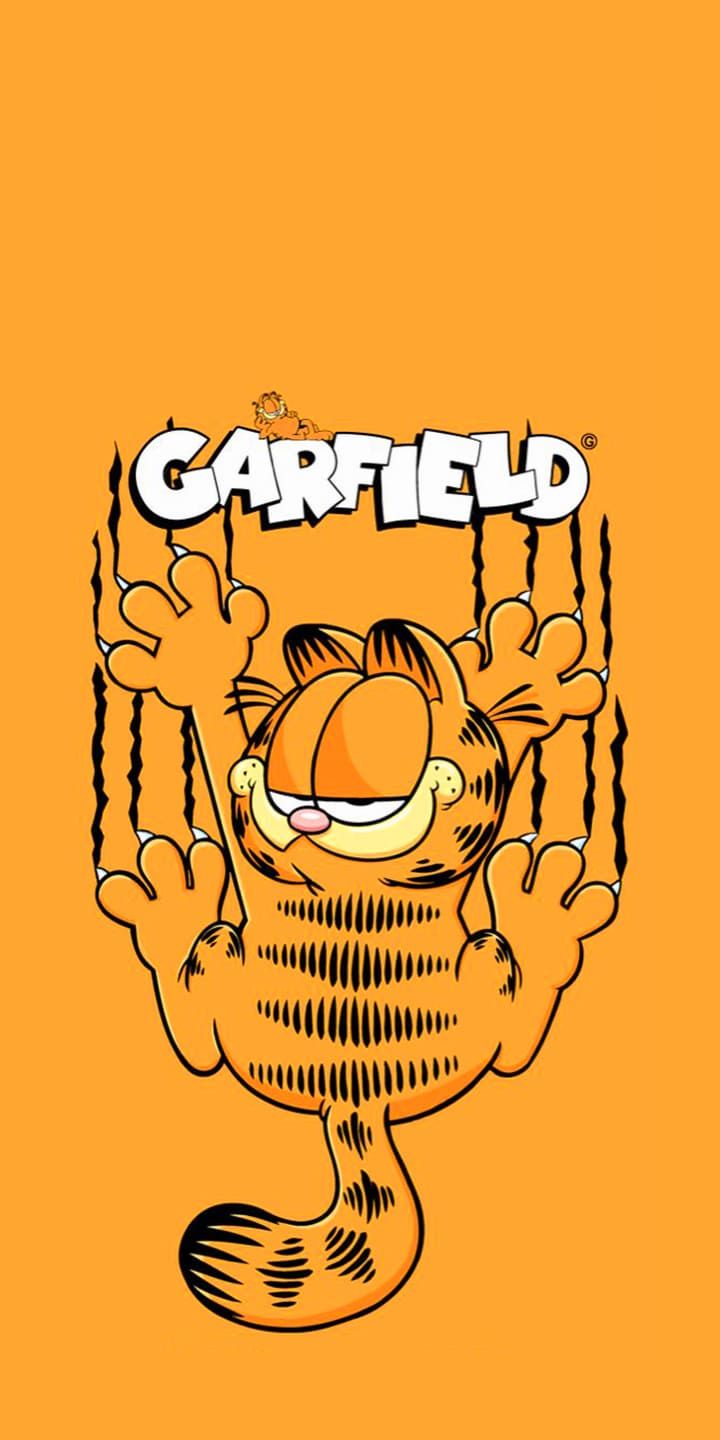 an orange background with the words garfield on it and a cartoon character holding up his head