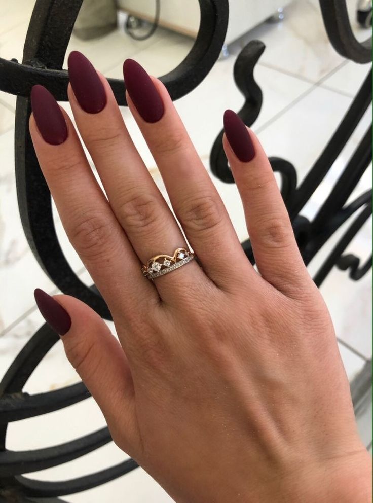 Burgundy Nails Acrylic Matte, Maroon Almond Shaped Nails, Matt Maroon Nails, Dark Red Matte Acrylic Nails, Red Wine Matte Nails, Matte Dark Red Nails Almond, Aesthetic Matte Nails, Matte Plum Nails Almond, Wine Nails Matte