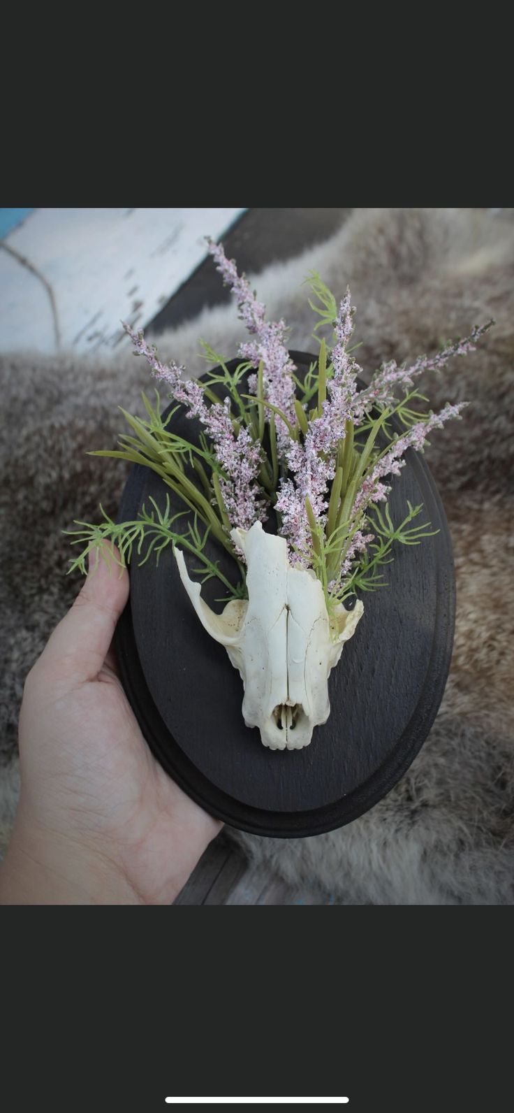 a hand holding a vase with flowers and a cow's skull on top of it