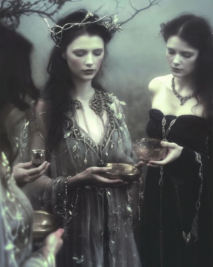 two beautiful women dressed in medieval clothing holding bowls and looking at each other's hands