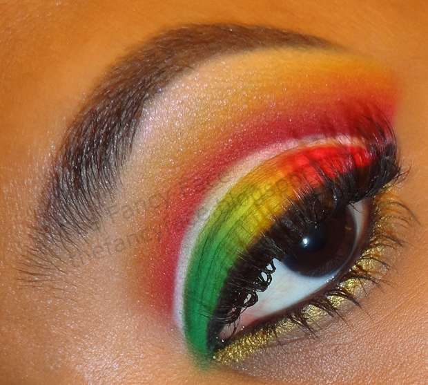 Red Yellow Eyeshadow, Red Yellow Blue Eyeshadow, Red Yellow Green Eyeshadow Looks, Red Orange Gold Eye Makeup, Red Orange Yellow Makeup Looks, Carnaval Make-up, Red Eye Makeup, Eyeshadow Designs, Green Lipstick