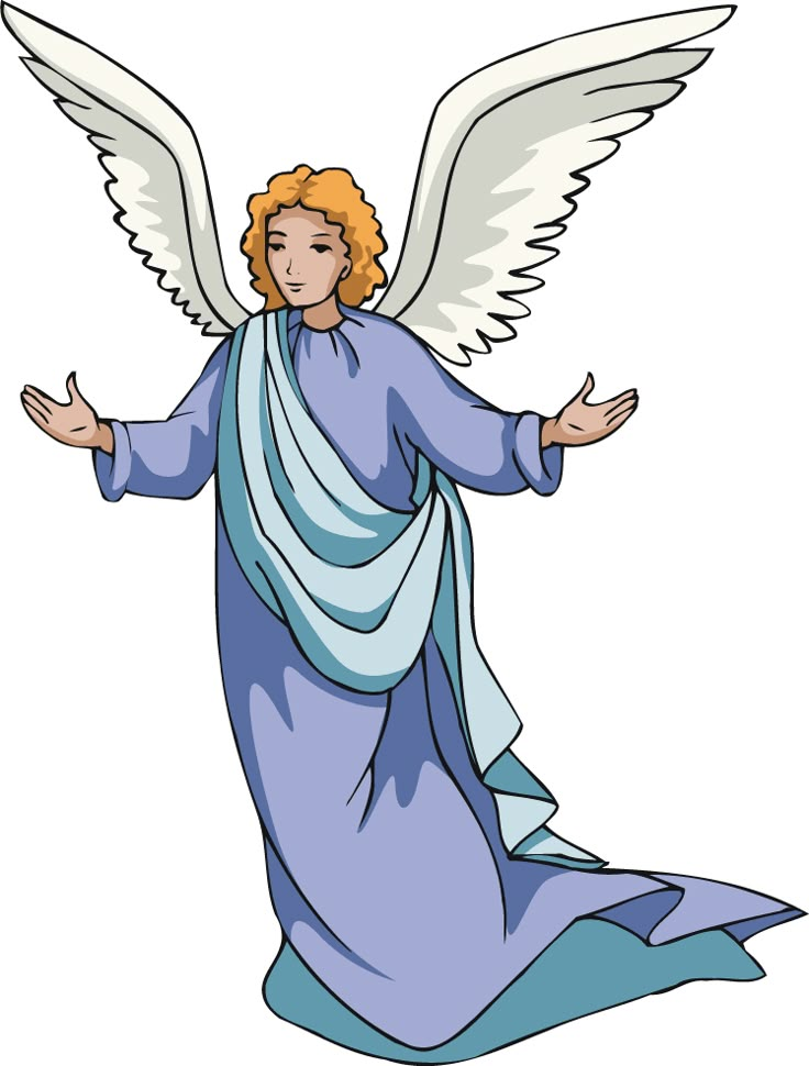 an angel with white wings and blue dress is standing in the air, holding his hands out