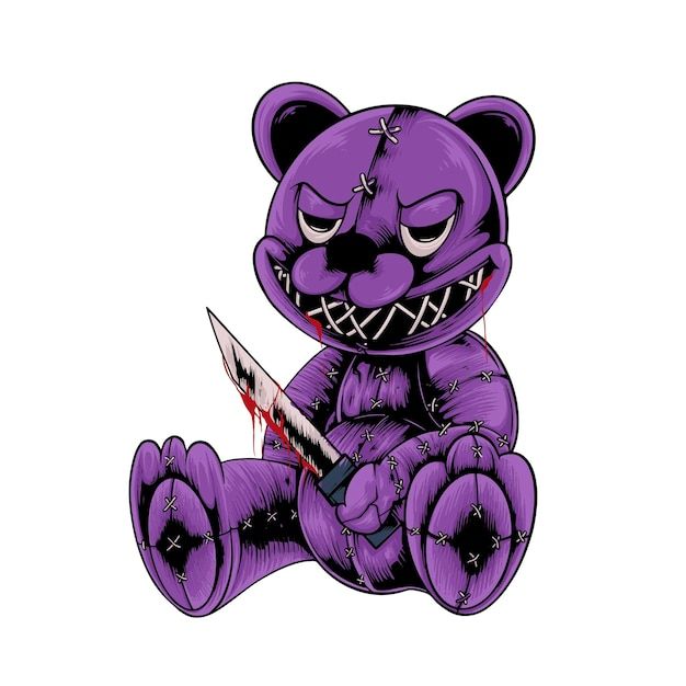 a purple teddy bear holding a knife in it's paws with fangs on its face