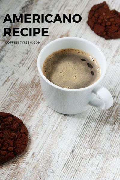 there is a cup of coffee and cookies on the table next to it, with text overlay that reads americano recipe