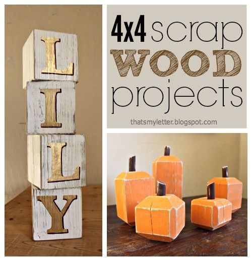 four pictures with the words scrap wood projects written in gold on them and pumpkins