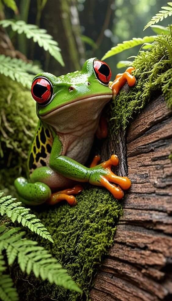 a frog with red eyes sitting on a tree branch