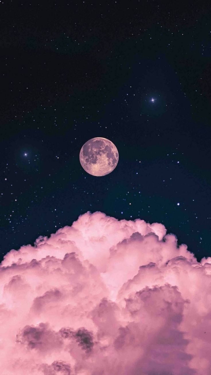 the moon and stars are in the sky above some clouds with pink hues on them