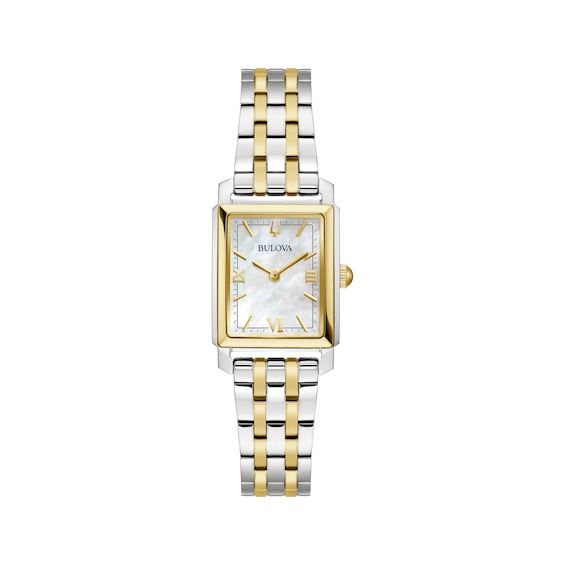 Perfectly styled for the woman who is ready to make a statement, this Bulova Sutton quartz timepiece adds a new dimension to your look. The 21mm rectangular stainless steel case has a gold-tone bezel and white mother-of-pearl dial Features include gold-tone hands and markers and a curved mineral crystal The two-toned stainless steel bracelet secures with a push-button deployment closure Water-resistant to 30 meters Best Watches Women Nordstrom, 18th Birthday Wishlist, Classic Watch Women, Red Stone Earrings, Gold And Silver Watch, Amazon Orders, Silver Watches Women, Bulova Watches, Fan Jewelry