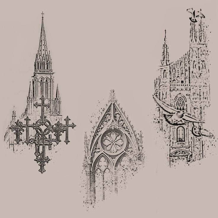 three different types of architecture are shown in black and white, including a church steeple