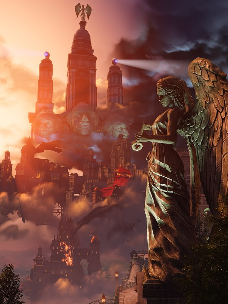 an angel standing in front of a city with tall buildings and clocks on it's sides