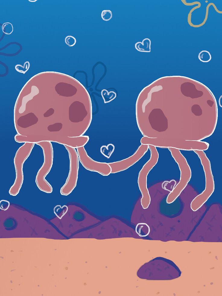 two jellyfishs are holding hands under the water with hearts floating in the air