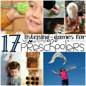 a collage of pictures with the words 11 listening games for preschoolers on them