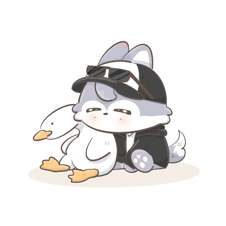 a cartoon penguin with sunglasses and a hat sitting on the ground next to a duck