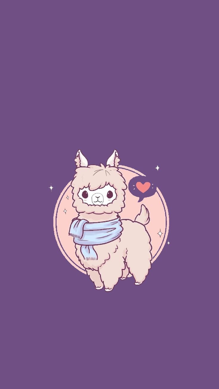 an alpaca with a heart on it's chest sitting in front of a purple background