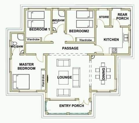 the floor plan for a three bedroom house with two bathrooms and one living room in it