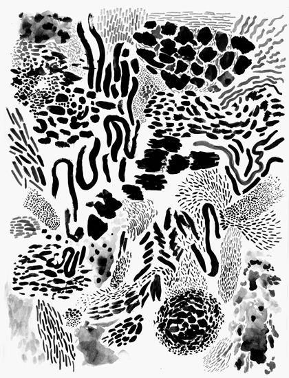 black and white ink drawing of abstract shapes