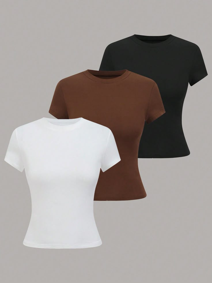 SHEIN LUNE Women's Solid Color Round Neck Short Sleeve Casual T-Shirt, SummerI discovered amazing products on SHEIN.com, come check them out! Shein Basic Tops, Basic T Shirts Women, Plain Shirts Women, Boston Shopping, Shein Stuff, Preppy Aesthetic Outfits, Basic Closet, Shirts Crop Tops, Neat Casual Outfits