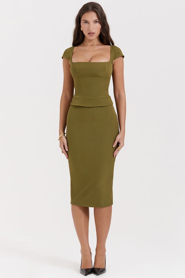 Details 
 Layana Olive Corset Midi Dress is incredibly chic. Cut from peached twill for a softly brushed texture, it features a corseted bodice to cinch the waist and is topped with a flattering square neckline and dainty cap sleeves.

We love how the fitted skirt falls to a classy long midi length as it skims over your curves and has a split to the back for easy movement. 'Layana' is fully lined for comfort and zips up the back for easy on. 
 Size Chart
             BUST WAIST HIP LENGTH   XS 8 Corporate Baddie, Corset Midi Dress, Bodycon Midi Skirt, French Dress, Office Dresses For Women, Work Fits, Square Neck Top, Mid Length Skirts, Fall Skirts